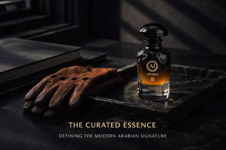 Sleek black 50ml perfume bottle with gold accents on a minimalist marble vanity surface.