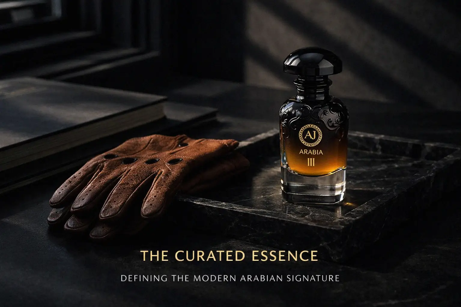 Sleek black 50ml perfume bottle with gold accents on a minimalist marble vanity surface.