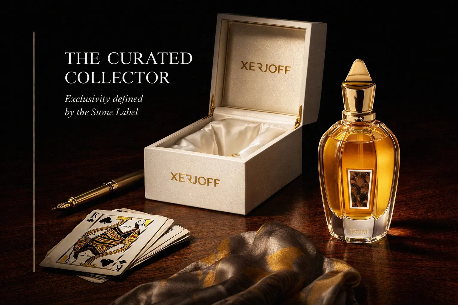 A Xerjoff Pikovaya Dama glass bottle with a hand-polished stone label on a white surface.