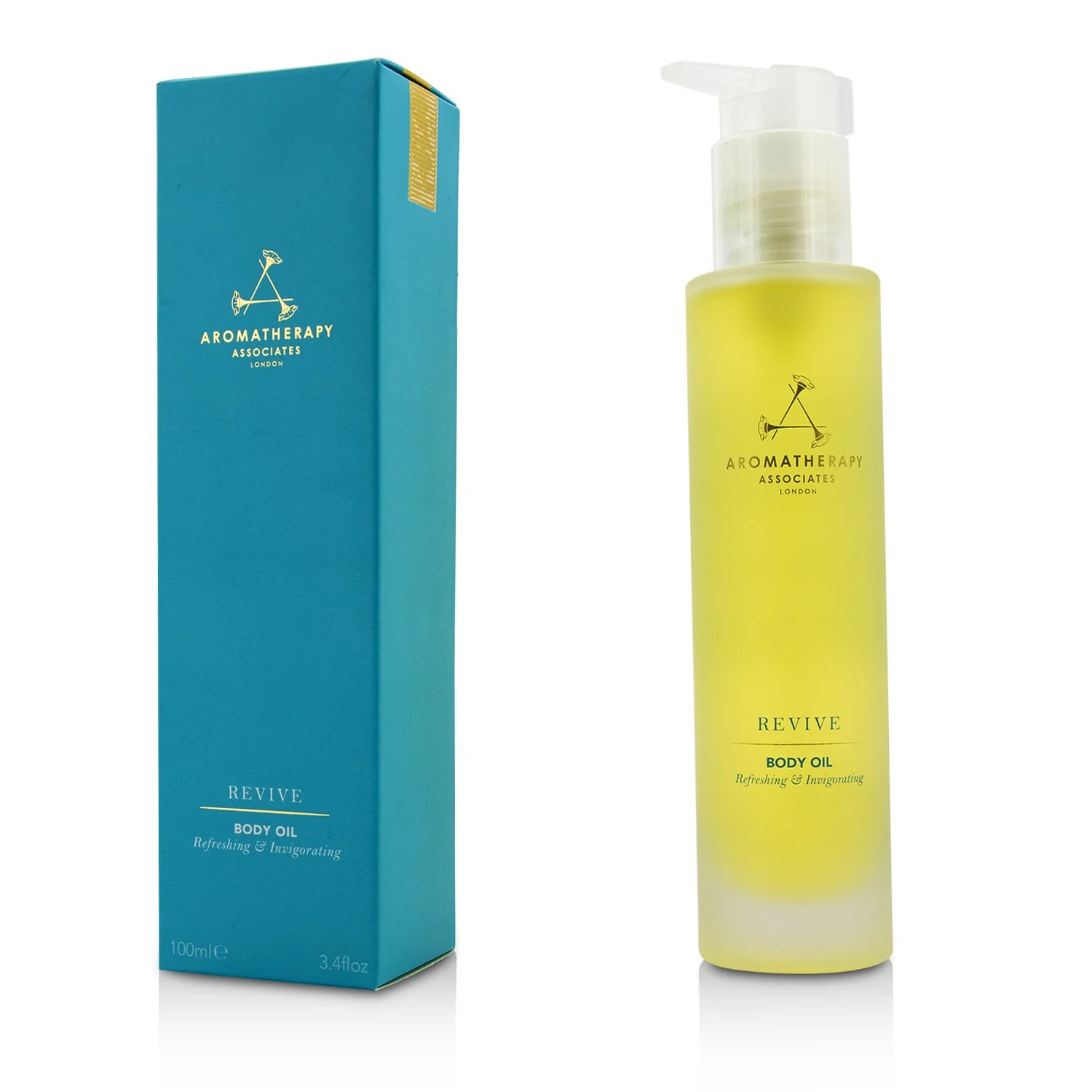 Aromatherapy Associates Revive Body Oil bottle on a minimalist surface
