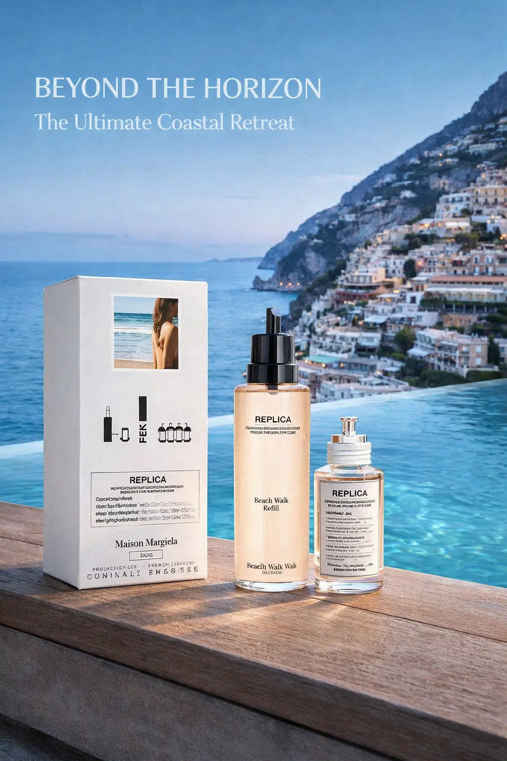 A close up of the refillable bottle and spray from the Replica Beach Walk Eau de Toilette Refill Gift Set