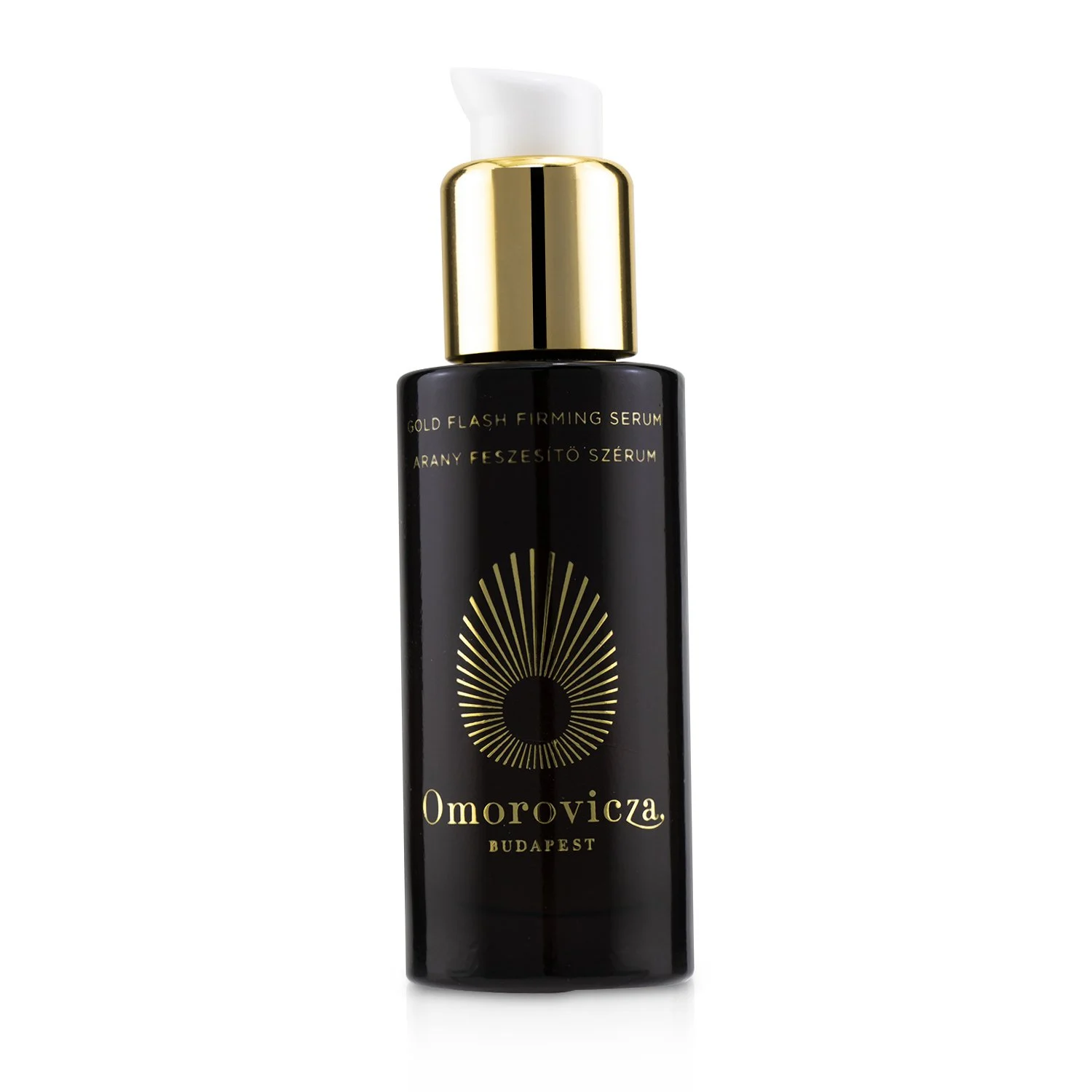 The Omorovicza Gold Flash Firming Serum in its elegant pump bottle