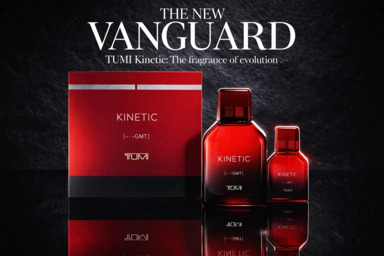 A large and small TUMI Kinetic perfume bottle displayed in a sleek gift box with black accents.