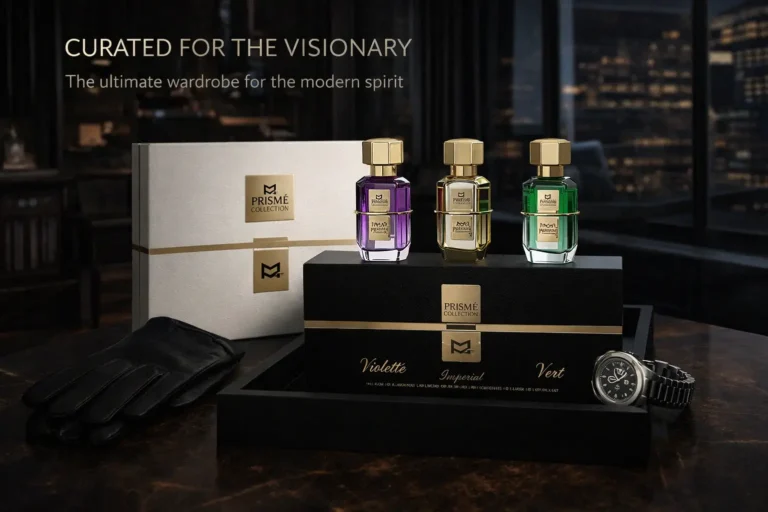 Three 30ml spray bottles of perfume labeled Violette, Imperial, and Vert in a dark gift box.