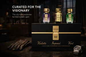 Three elegant Patek Maison Prisme perfume bottles in Violette, Imperial, and Vert colors displayed in a gift box.