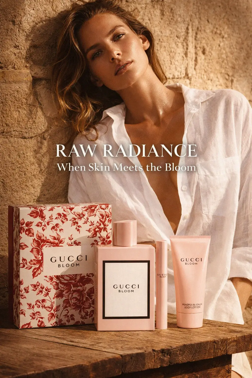 The complete contents of the Gucci Bloom gift set displayed elegantly