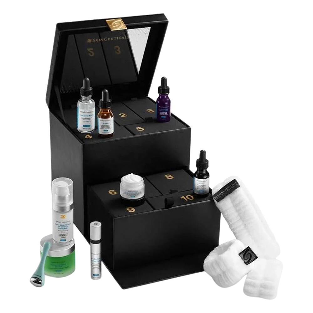 The SkinCeuticals Holiday Skincare Advent Calendar set in its premium leather trunk