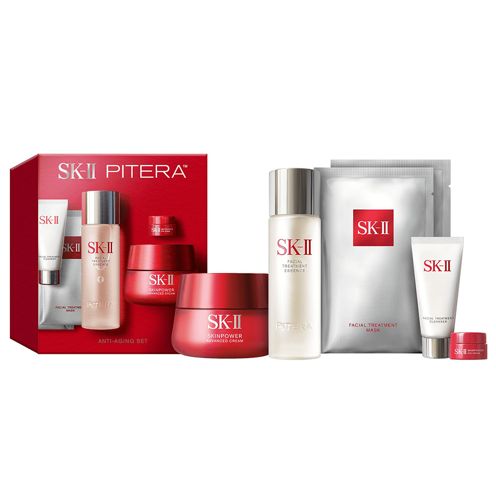 The curated SK-II Anti-Aging Set displayed on a vanity