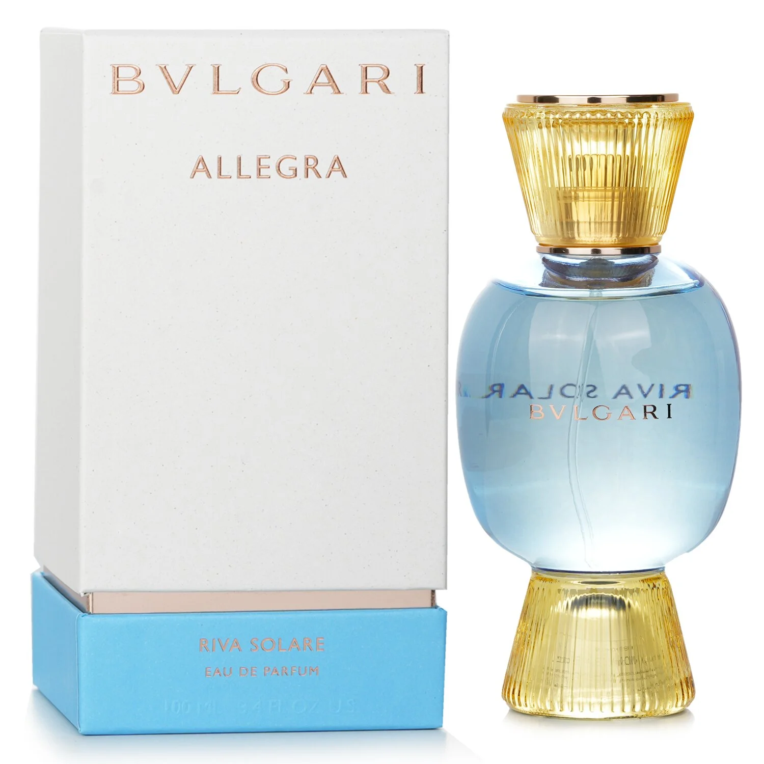 Bvlgari Allegra Riva Solare Eau De Parfum bottle in blue and gold glass
