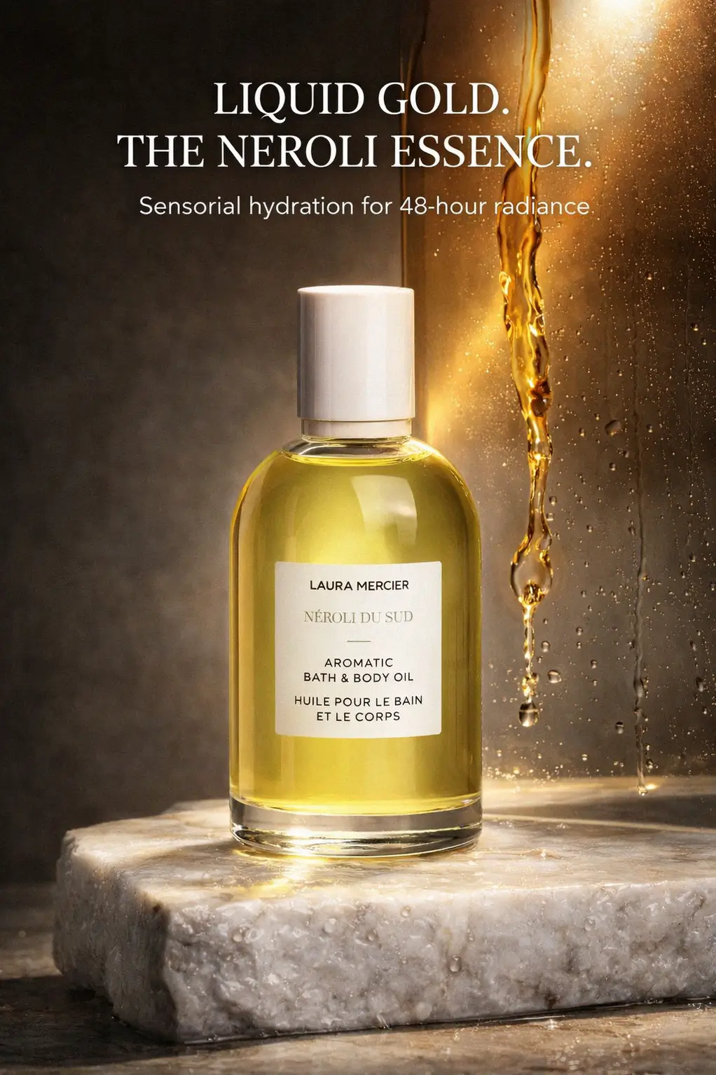 Editorial lifestyle shot of a luxury body oil bottle