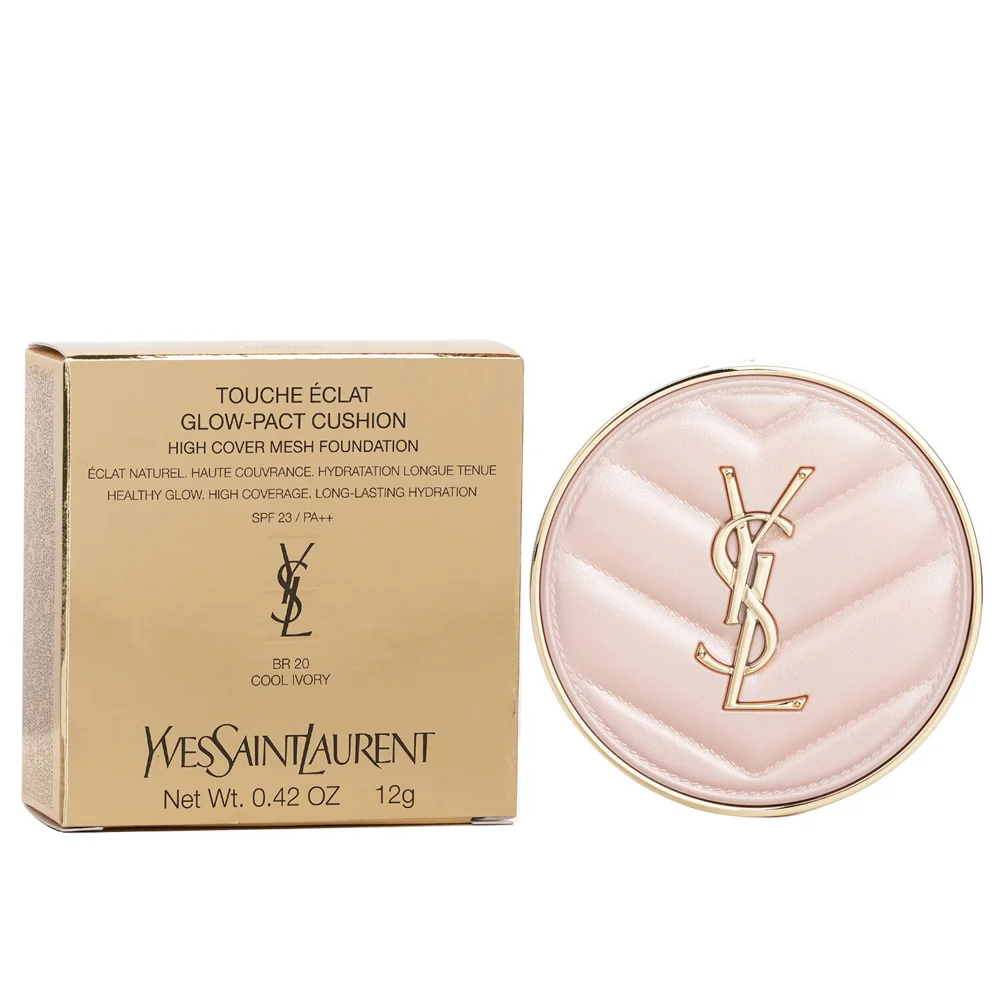 YSL Touche Eclat Glow-Pact Cushion in its signature pink leather compact