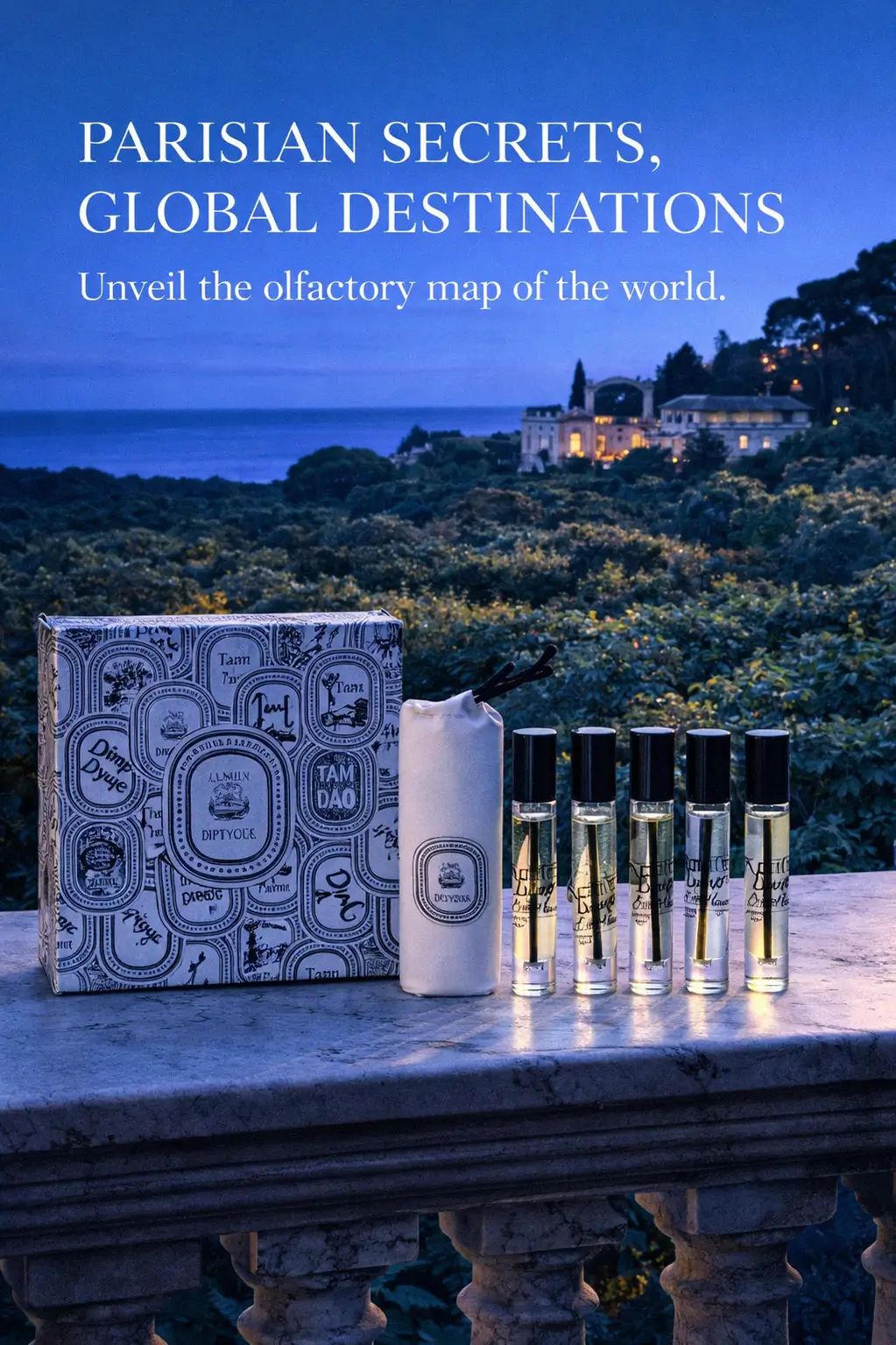 Five elegant 7.5 ml vials from the Diptyque Discovery Mini Gift Set