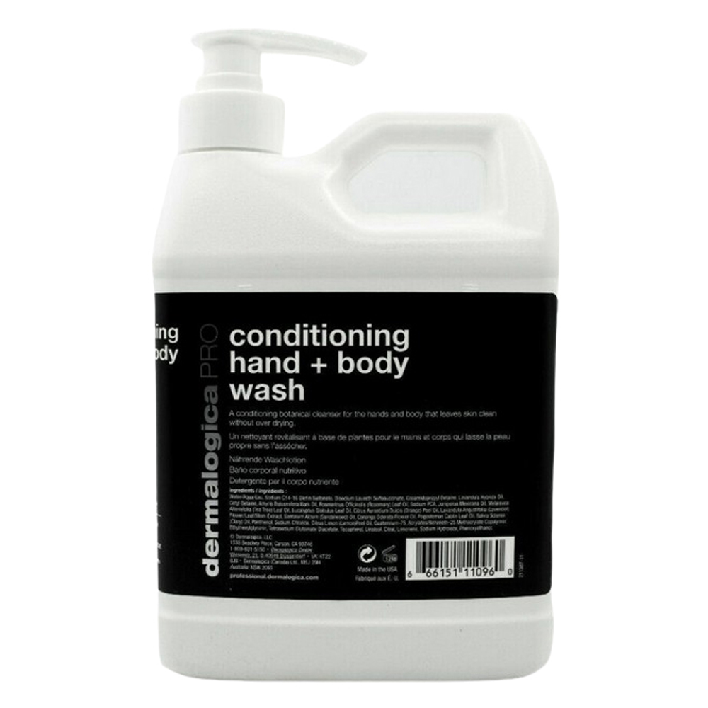 The Dermalogica Conditioning Hand + Body Wash bottle on a clean vanity
