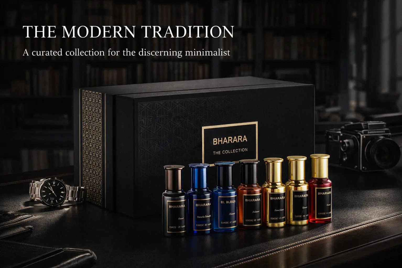 Seven sleek 10ml glass perfume spray bottles arranged neatly in a premium Bharara fragrance discovery box.