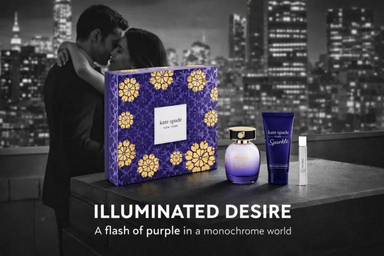 Purple Kate Spade New York Sparkle gift box showing a perfume bottle, lotion tube, and travel spray.