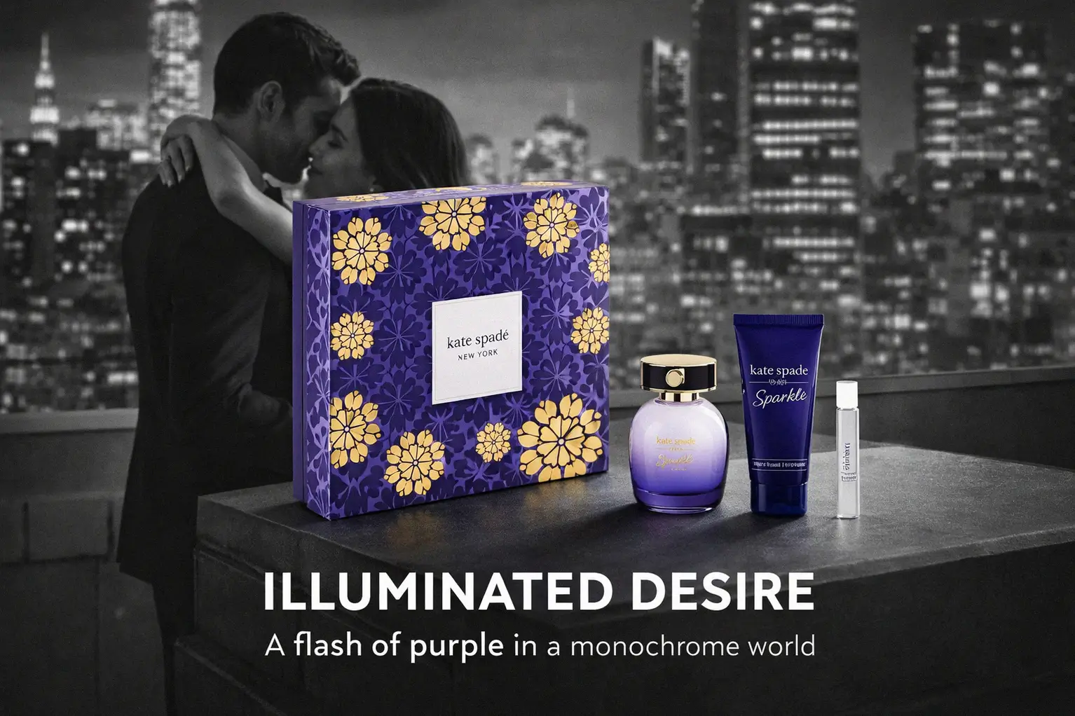 Purple Kate Spade New York Sparkle gift box showing a perfume bottle, lotion tube, and travel spray.