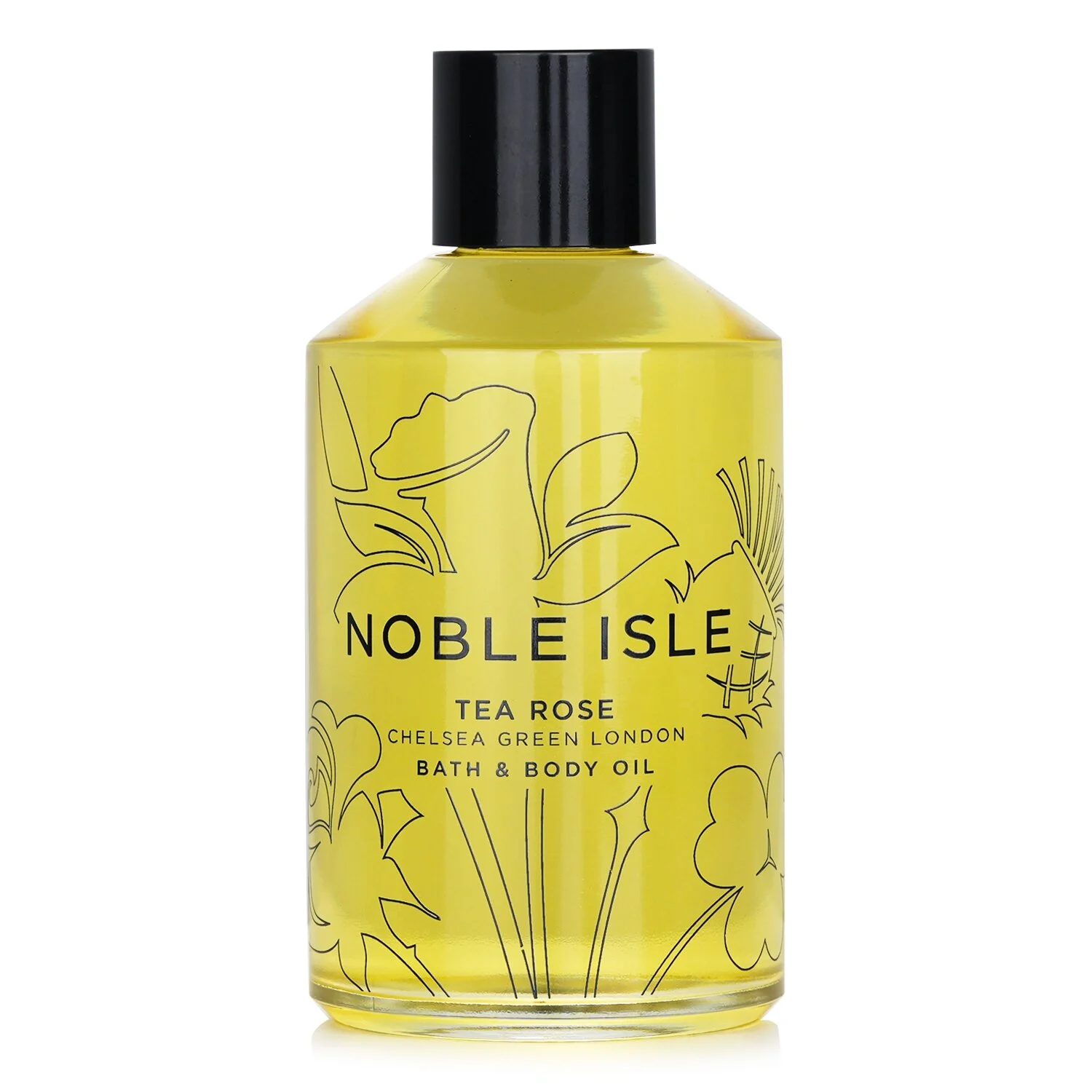 The Noble Isle Tea Rose Bath & Body Oil displayed in a luxury setting