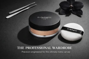 MAC Studio Fix Pro Set + Blur Weightless Loose Powder in Medium with a plush puff applicator.