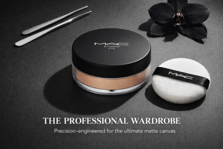 MAC Studio Fix Pro Set + Blur Weightless Loose Powder in Medium with a plush puff applicator.