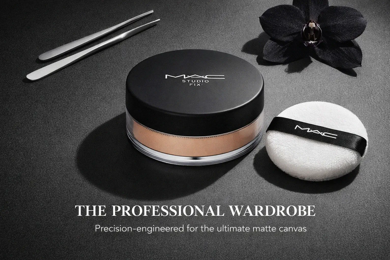 MAC Studio Fix Pro Set + Blur Weightless Loose Powder in Medium with a plush puff applicator.