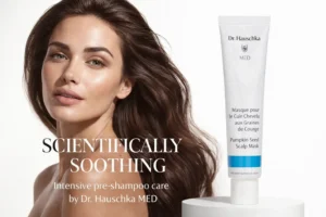 A 25ml tube of Dr. Hauschka Med Pumpkin Seed Scalp Mask on a clean, white vanity surface.