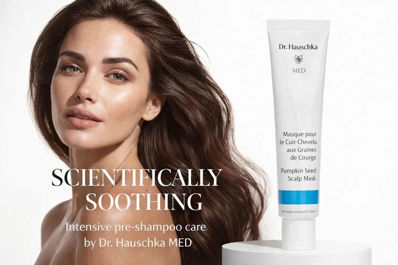 A 25ml tube of Dr. Hauschka Med Pumpkin Seed Scalp Mask on a clean, white vanity surface.