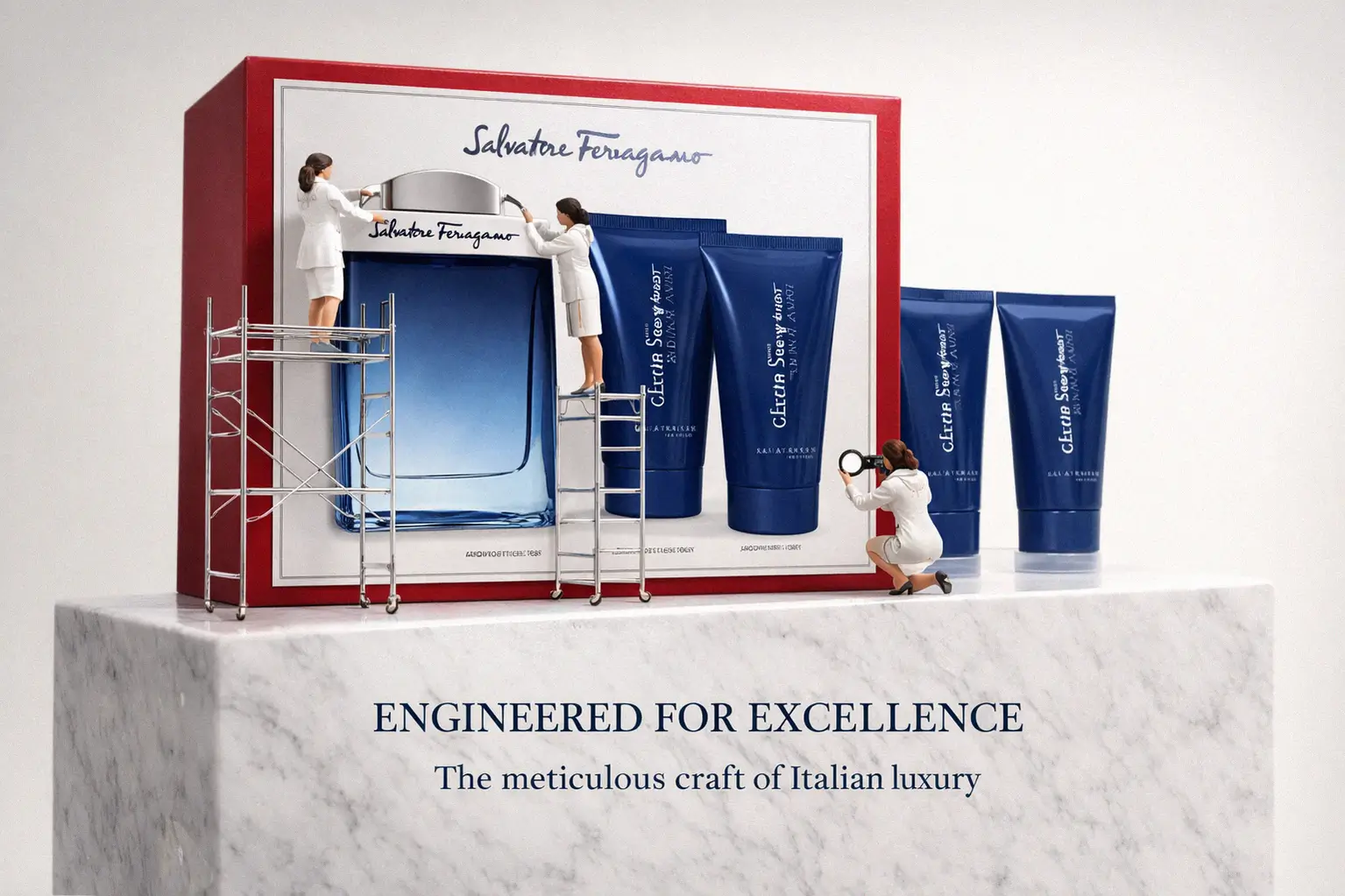 Three-piece Salvatore Ferragamo Subtil grooming set featuring a red bottle and coordinating tubes on a white surface.