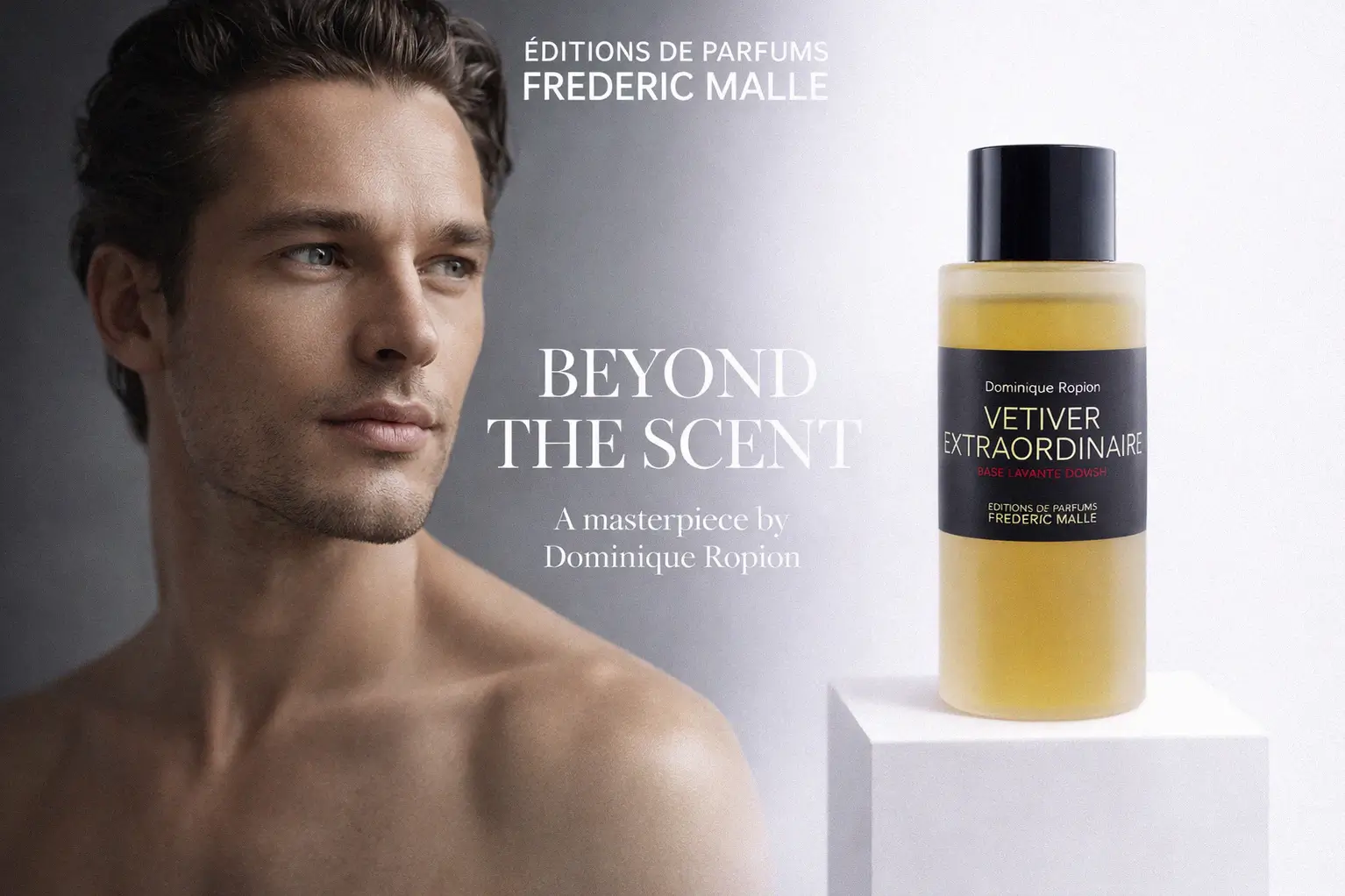 Frederic Malle Vetiver Extraordinaire Body Wash in a sleek 200ml bottle on a marble shelf.
