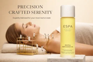Elegant 100ml glass bottle of ESPA Restful Bath and Body Oil on a marble bathroom vanity with lavender.
