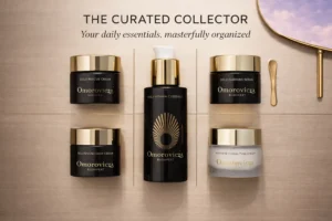 A sleek 30ml Omorovicza Gold Flash Firming Serum pump bottle on a clean, reflective surface.