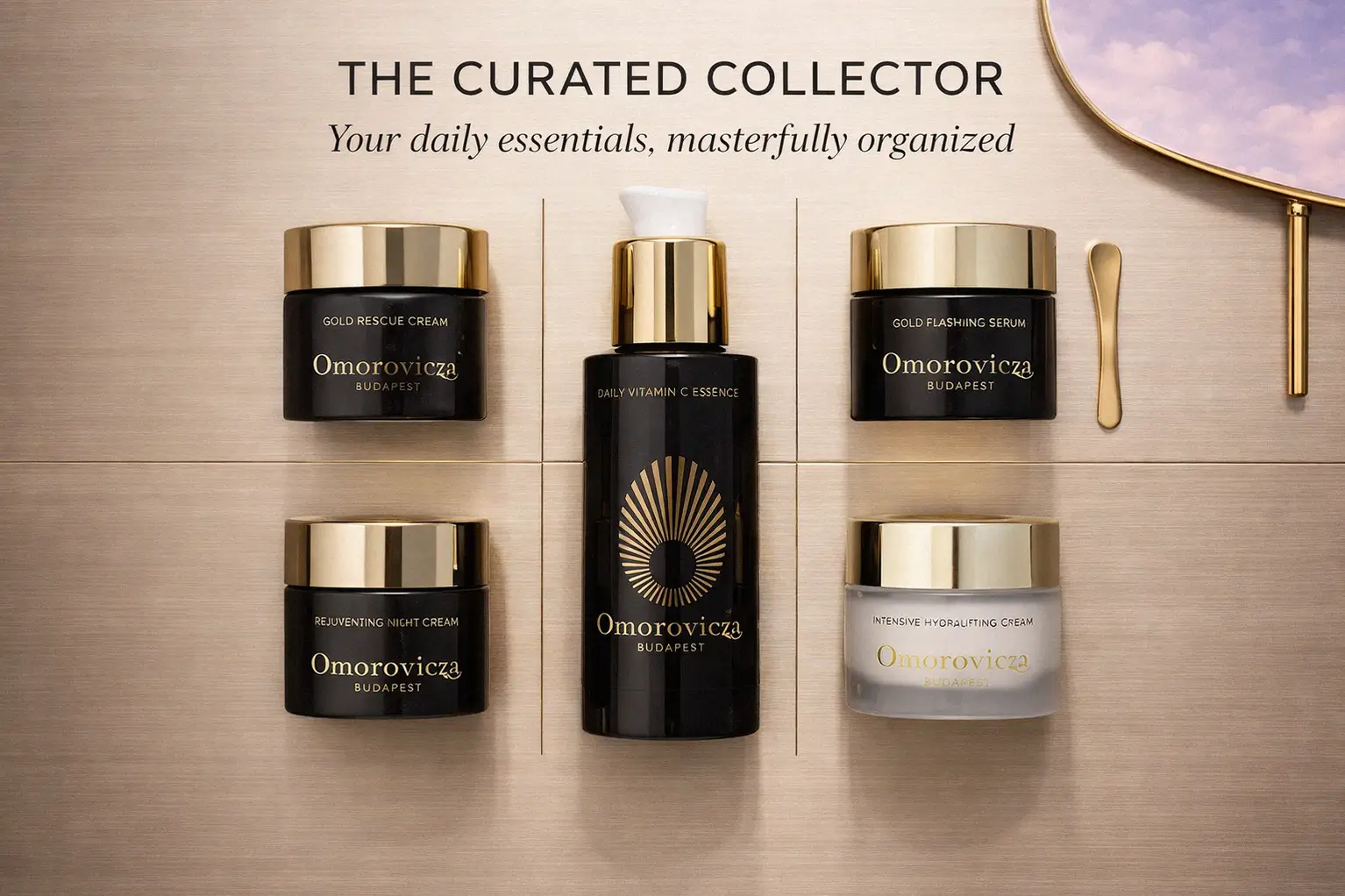 A sleek 30ml Omorovicza Gold Flash Firming Serum pump bottle on a clean, reflective surface.