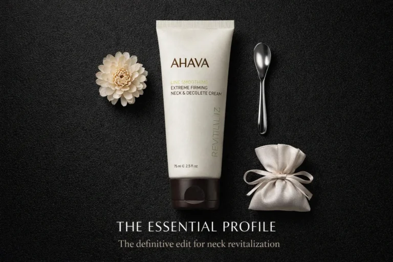 White jar of AHAVA Time to Revitalize Extreme Firming Neck Cream on a marble vanity surface.