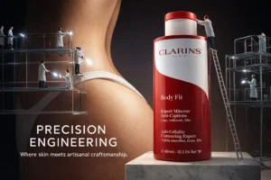 A 13.5 oz bottle of Clarins Body Fit Anti-Cellulite Contouring Expert on a clean white marble surface.