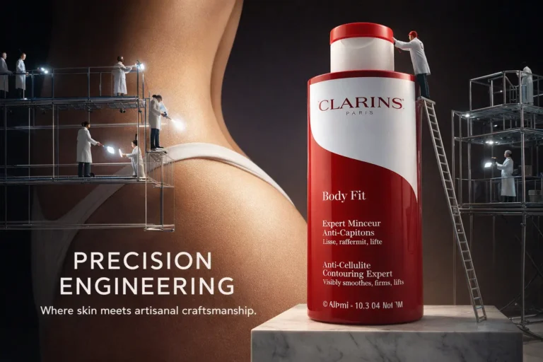 A 13.5 oz bottle of Clarins Body Fit Anti-Cellulite Contouring Expert on a clean white marble surface.