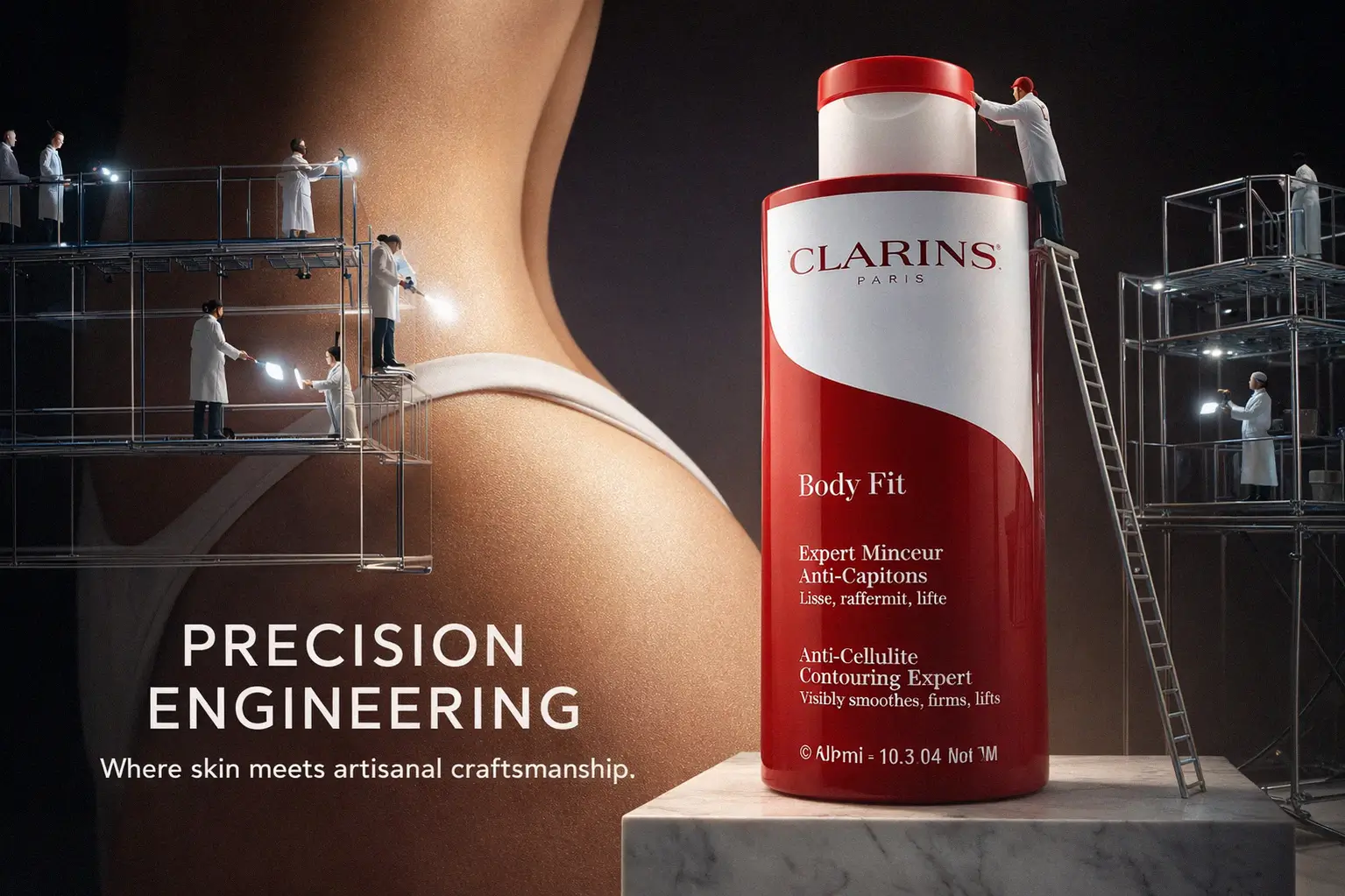 A 13.5 oz bottle of Clarins Body Fit Anti-Cellulite Contouring Expert on a clean white marble surface.