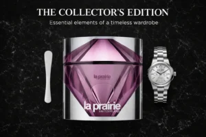 La Prairie Platinum Rare Haute-Rejuvenation Cream in a premium silver-toned jar on a polished vanity.