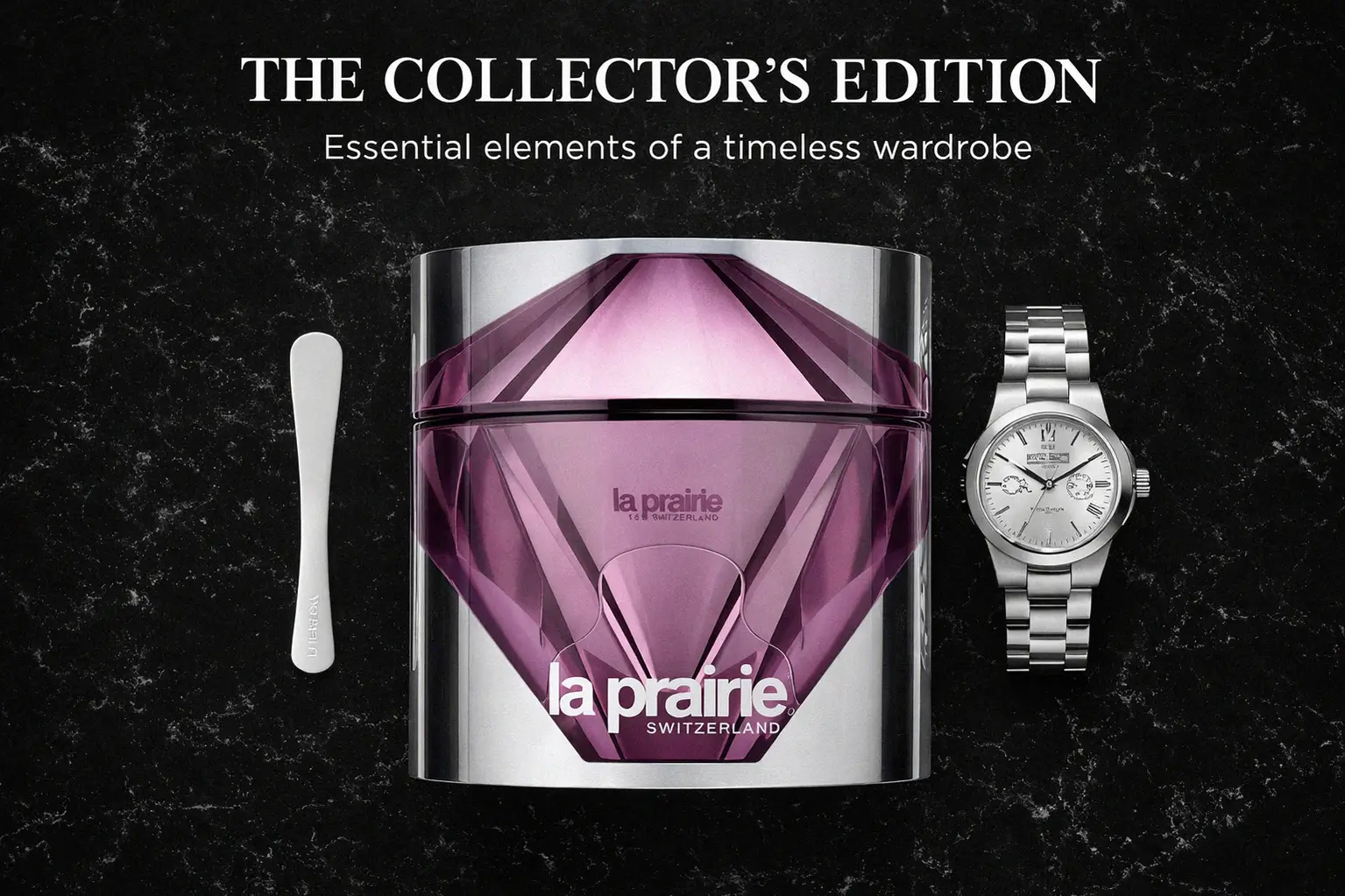 La Prairie Platinum Rare Haute-Rejuvenation Cream in a premium silver-toned jar on a polished vanity.