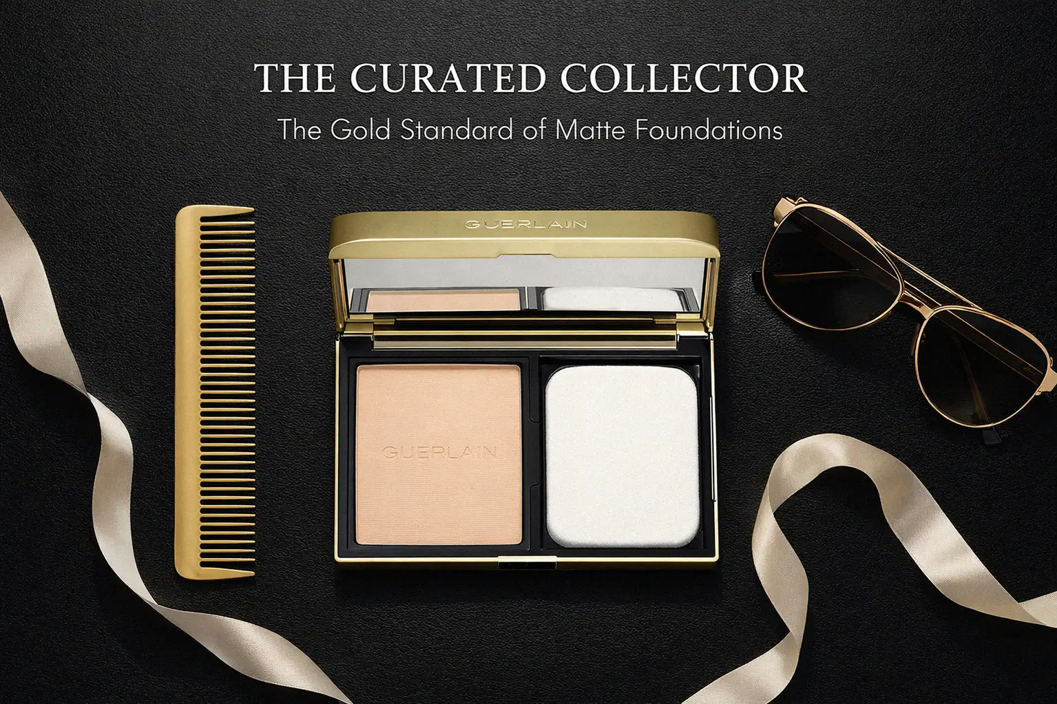 Gold refillable compact case open showing a matte foundation powder and application sponge.