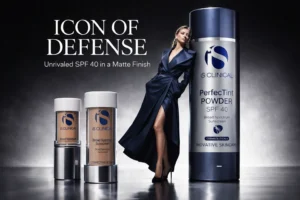 iS Clinical PerfecTint Powder SPF 40 brush applicator with a sleek gold-tone cap and tinted powder.