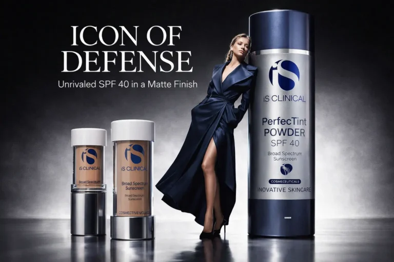 iS Clinical PerfecTint Powder SPF 40 brush applicator with a sleek gold-tone cap and tinted powder.