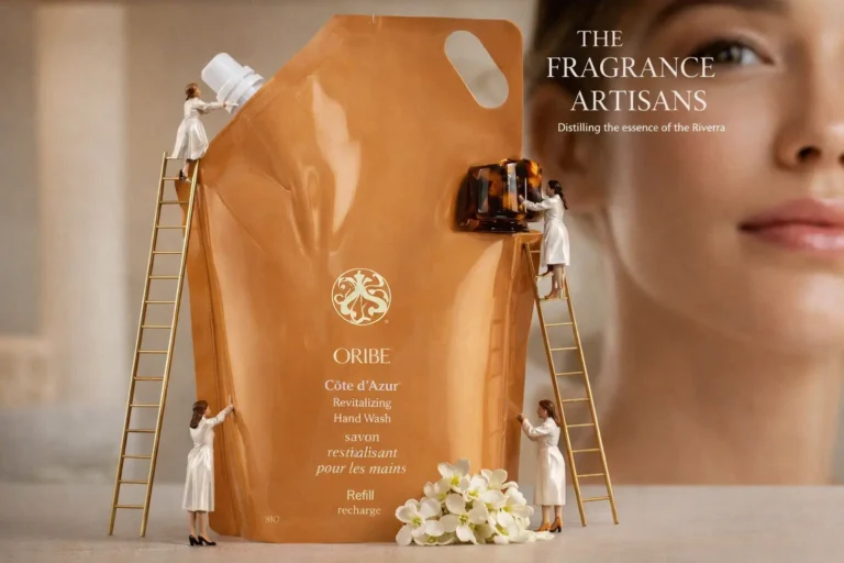 Oribe Cote d'Azur perfume bottle with a custom tortoiseshell cap sitting on a polished white marble vanity.