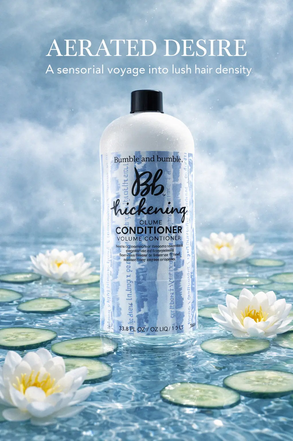 Refined hair ritual with a bottle of volume conditioner on a marble surface