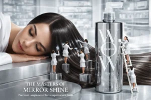 Clear spray bottle of Color Wow Dream Coat on a white marble surface with soft lighting.