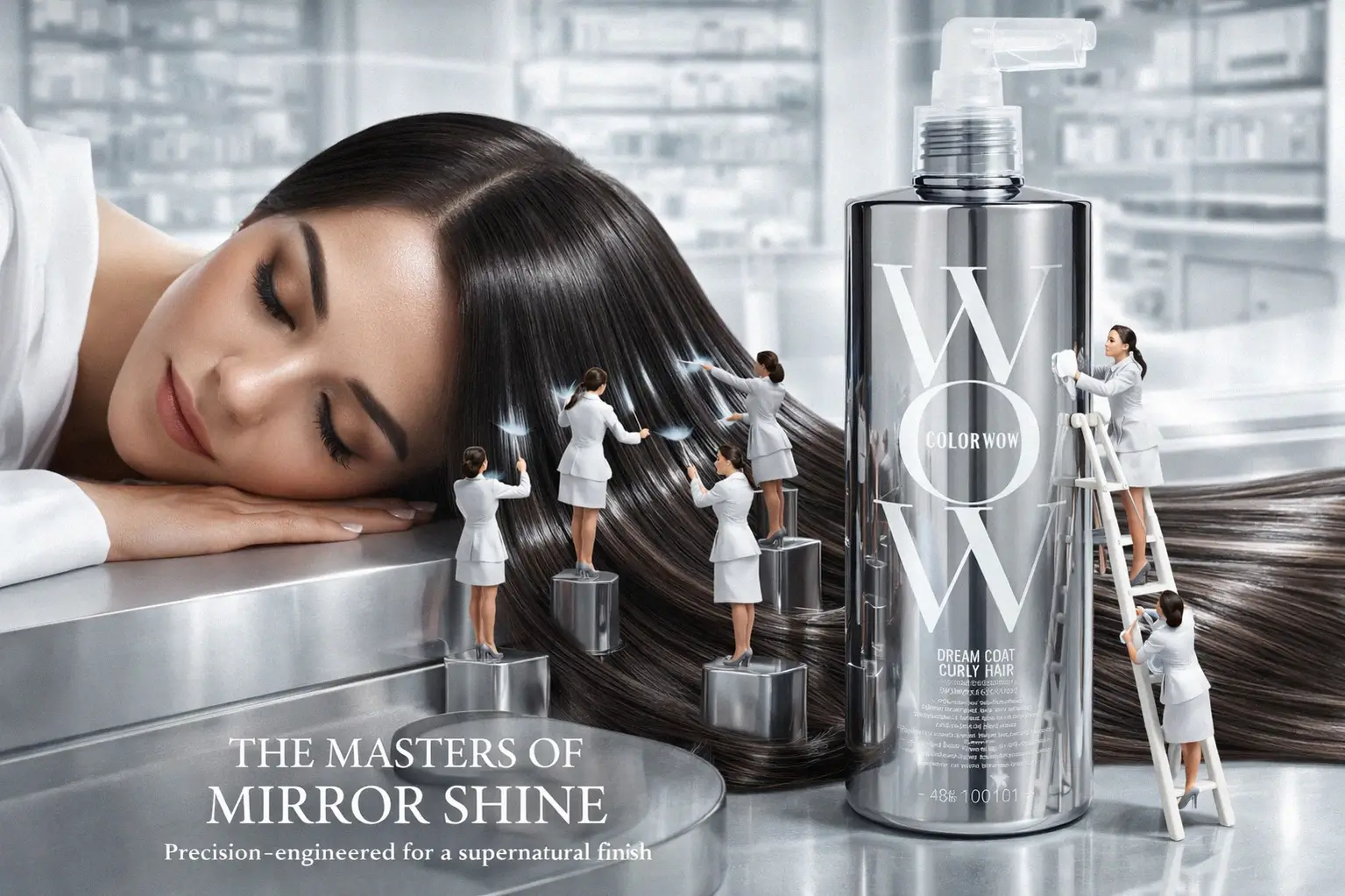 Clear spray bottle of Color Wow Dream Coat on a white marble surface with soft lighting.