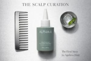 Alpha-H Healthy Scalp Exfoliating Treatment bottle with a precise nozzle applicator on a clean surface.