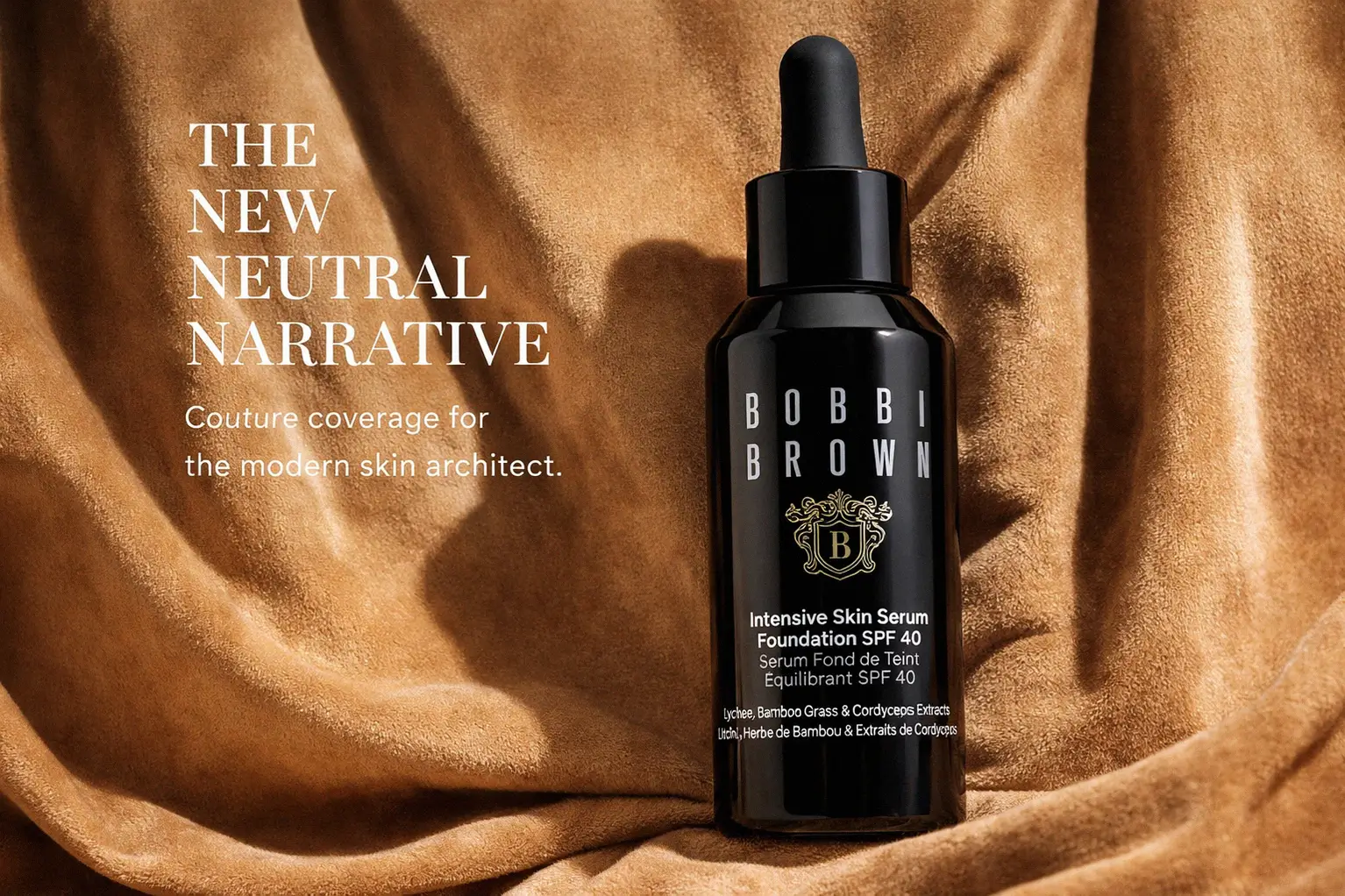 Bobbi Brown Intensive Skin Serum Foundation glass bottle with pump on a polished vanity surface.