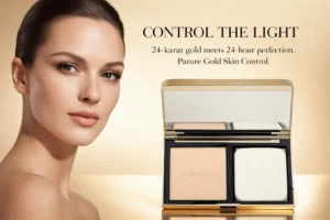 A luxurious gold-metallic refillable compact foundation with Guerlain branding and sponge applicator.