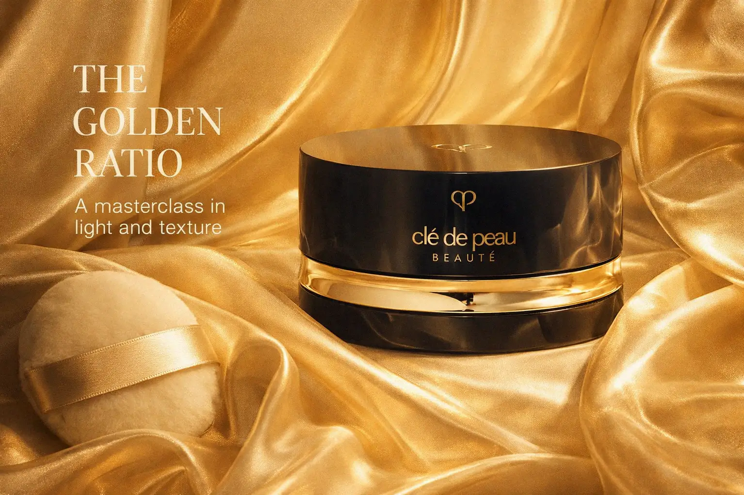 An elegant jar of Clé de Peau Beauté Translucent Loose Powder with a soft white puff on a polished marble vanity.