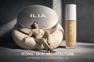 Elegant glass bottle of ILIA True Skin Serum Foundation on a clean vanity with a pump dispenser.