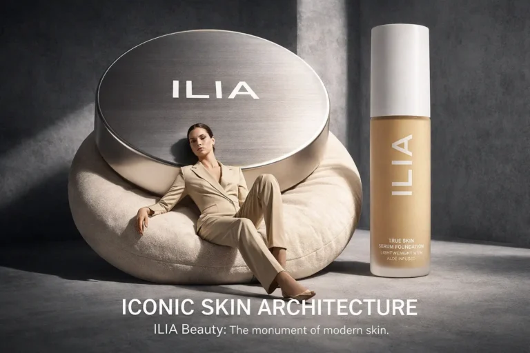 Elegant glass bottle of ILIA True Skin Serum Foundation on a clean vanity with a pump dispenser.